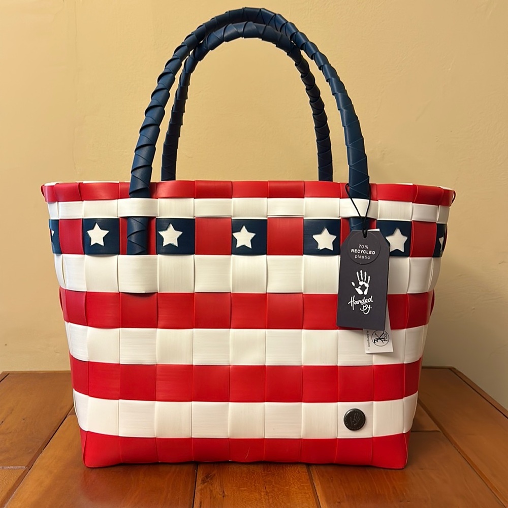 Handed By Artisan Woven Recycled Plastic Stars & Stripes Patriotic Tote Bag